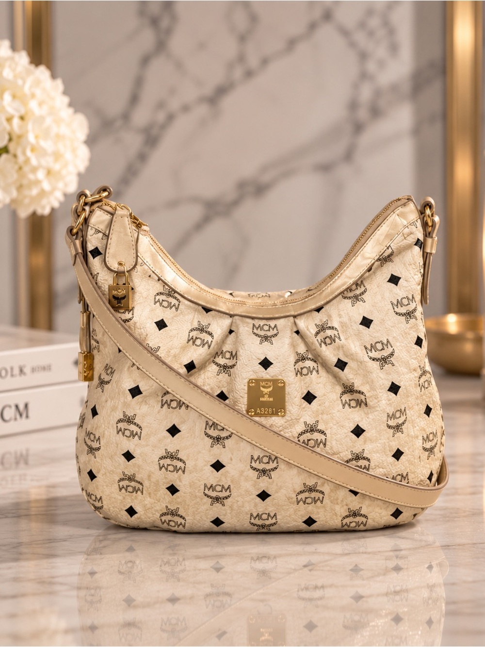 MCM Light Beige Visetos Leather Monogram Hobo Shoulder Bag Lock & Key Included
